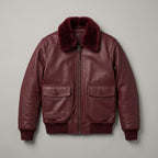 Men's Burgundy Leather Flight Jacket with Contrast Shearling Collar