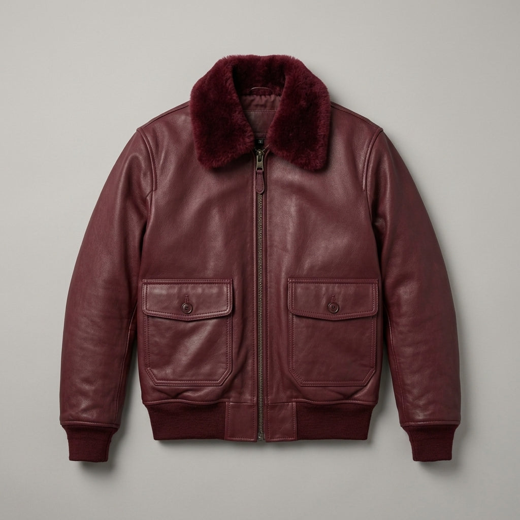 Men's Burgundy Leather Flight Jacket with Contrast Shearling Collar