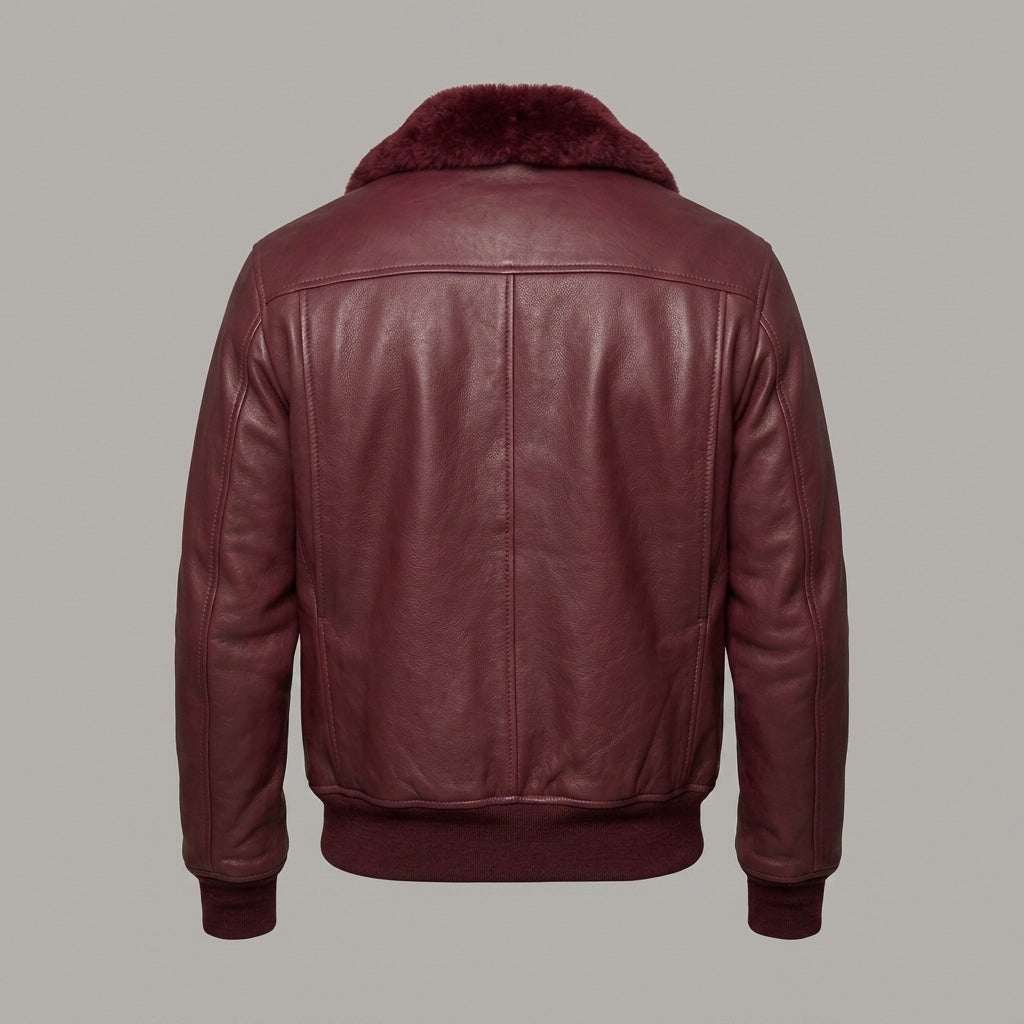Men's Burgundy Leather Flight Jacket with Contrast Shearling Collar