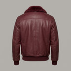 Men's Burgundy Leather Flight Jacket with Contrast Shearling Collar
