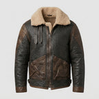 Men's Distressed Brown Leather-Trim Flight Jacket with Shearling Collar
