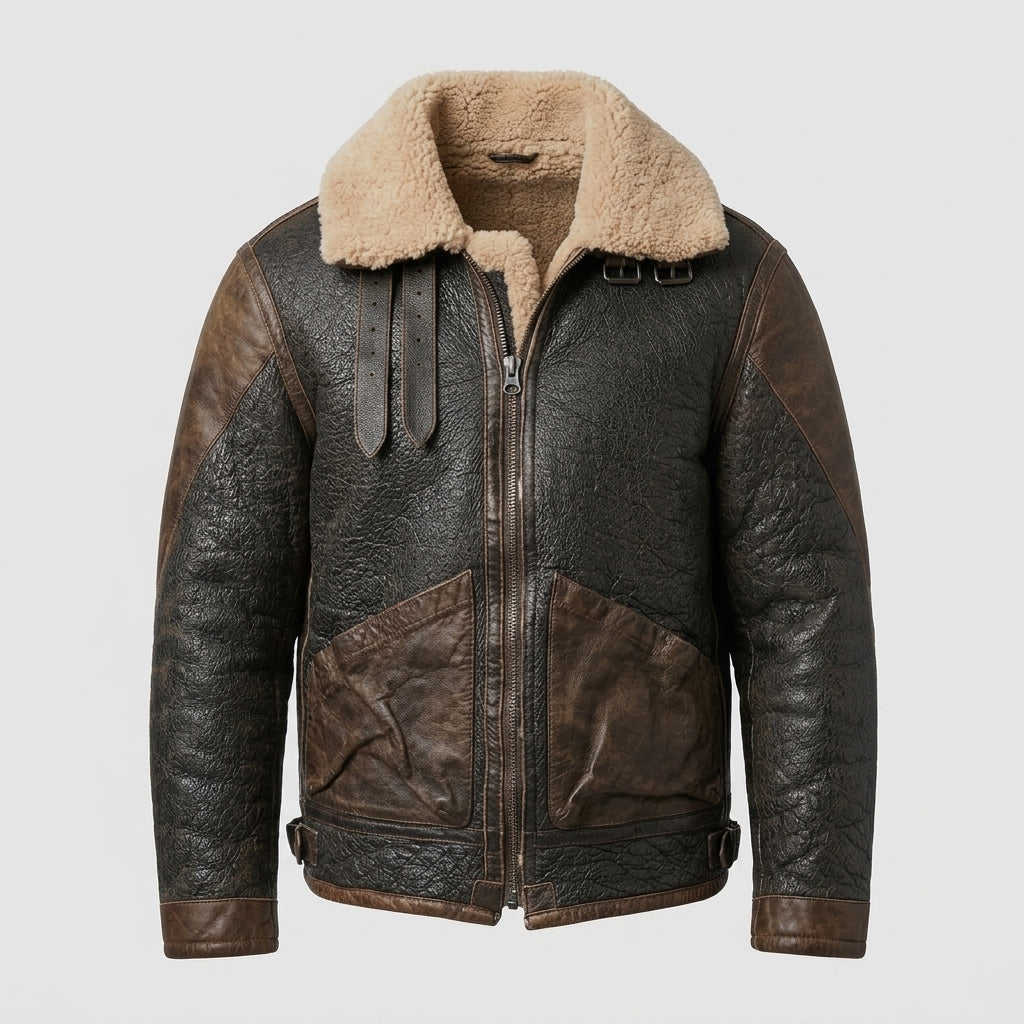 Men's Distressed Brown Leather-Trim Flight Jacket with Shearling Collar