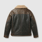 Men's Distressed Brown Leather-Trim Flight Jacket with Shearling Collar