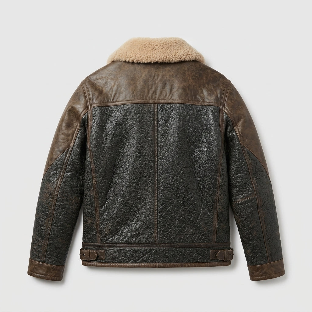 Men's Distressed Brown Leather-Trim Flight Jacket with Shearling Collar