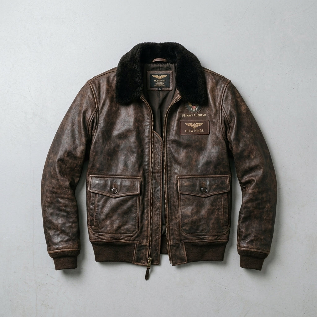 Men's Distressed Brown Leather Flight Jacket with Detachable Fur Collar