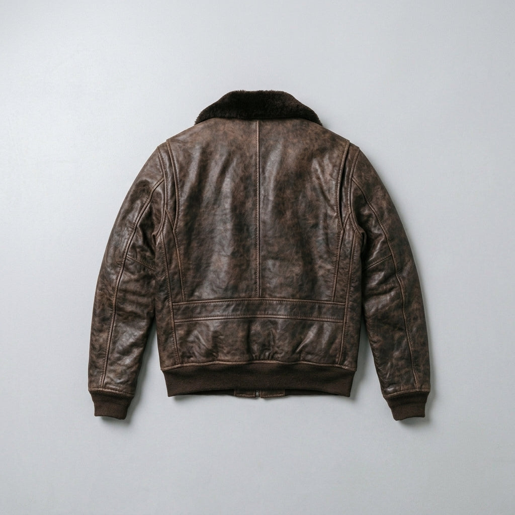Men's Distressed Brown Leather Flight Jacket with Detachable Fur Collar