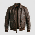 Men's Distressed Brown Leather Flight Jacket with Detachable Fur Collar