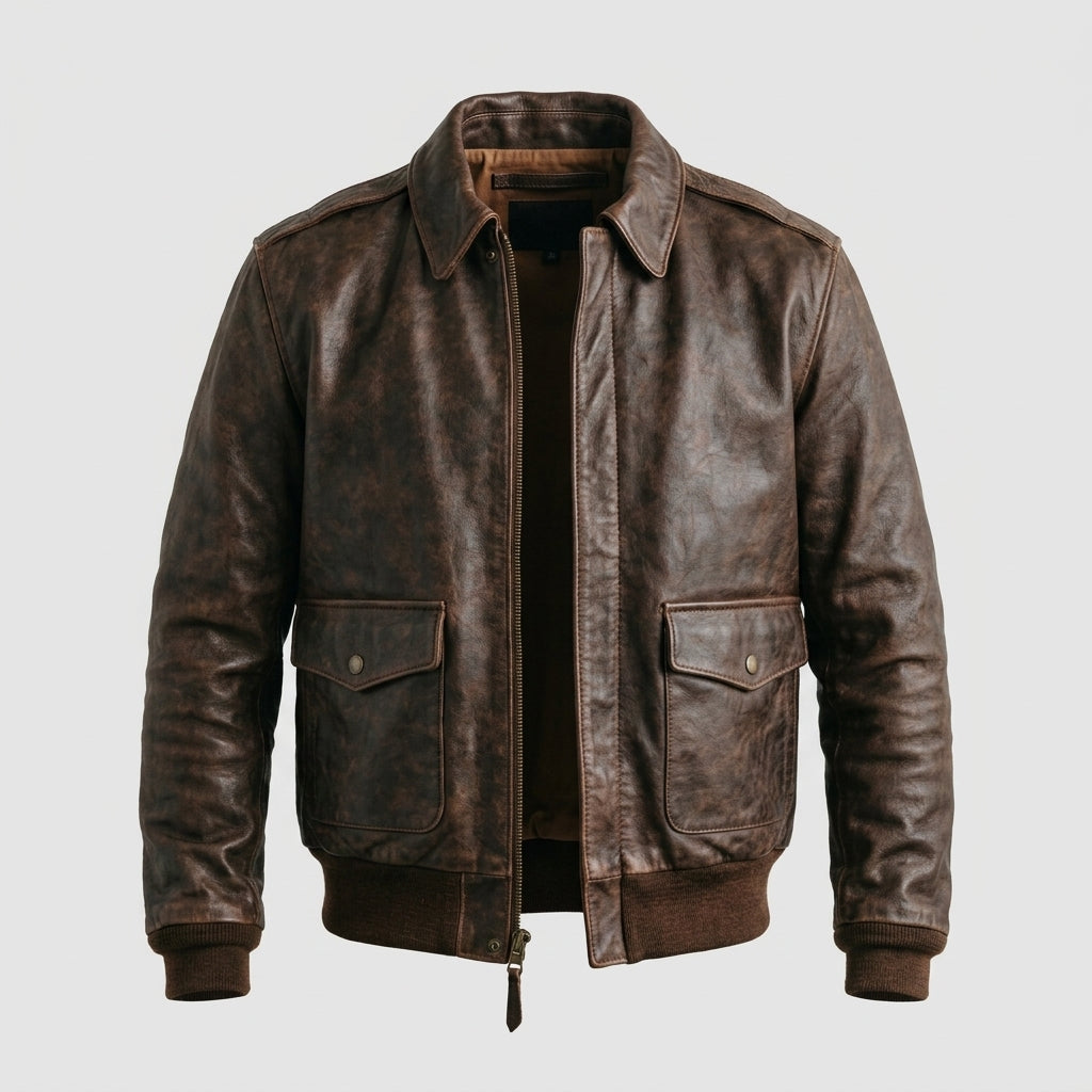Men's Distressed Brown Leather Flight Jacket with Detachable Fur Collar