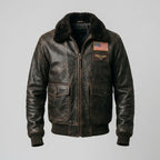 Men's Brown Leather Flight Jacket with Shearling Collar & Patches