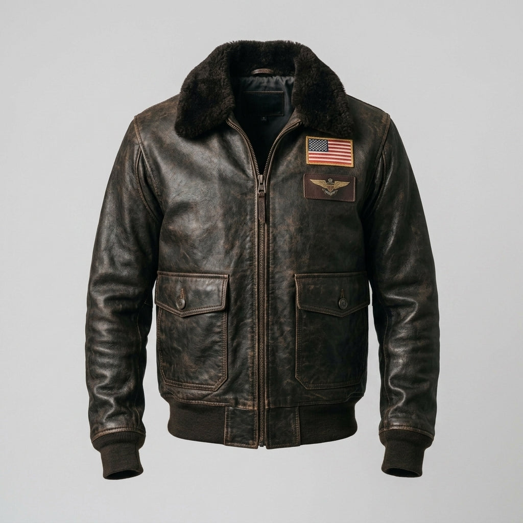 Men's Brown Leather Flight Jacket with Shearling Collar & Patches