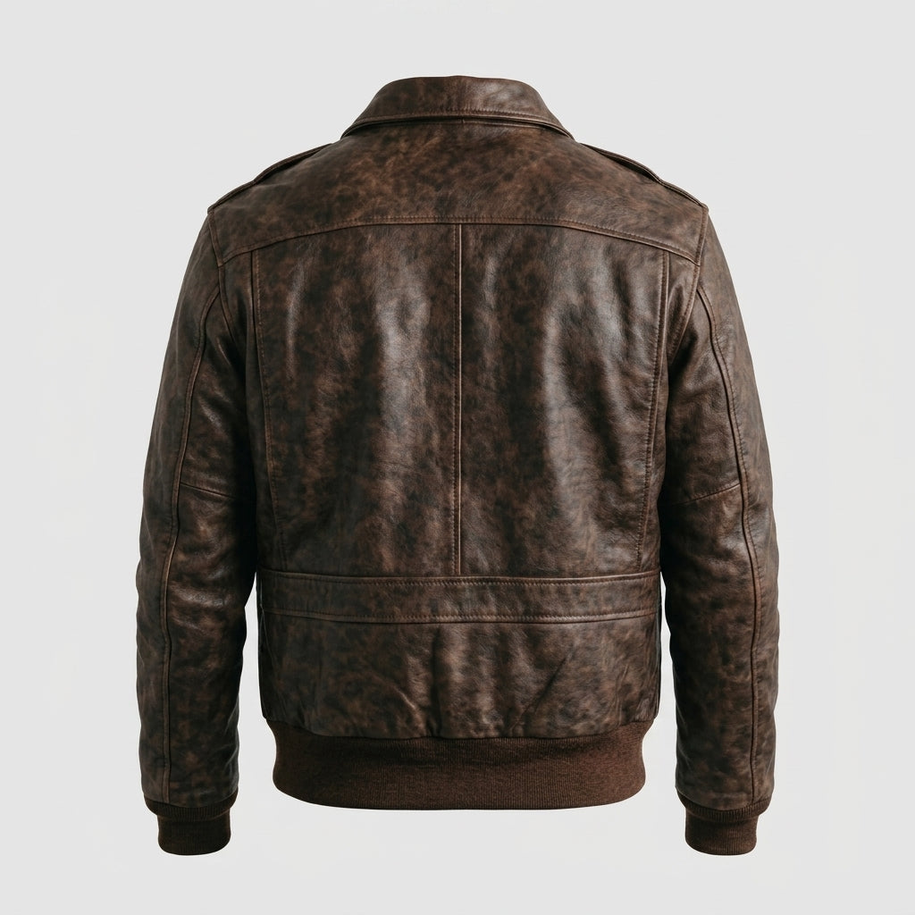 Men's Brown Leather Flight Jacket with Shearling Collar & Patches