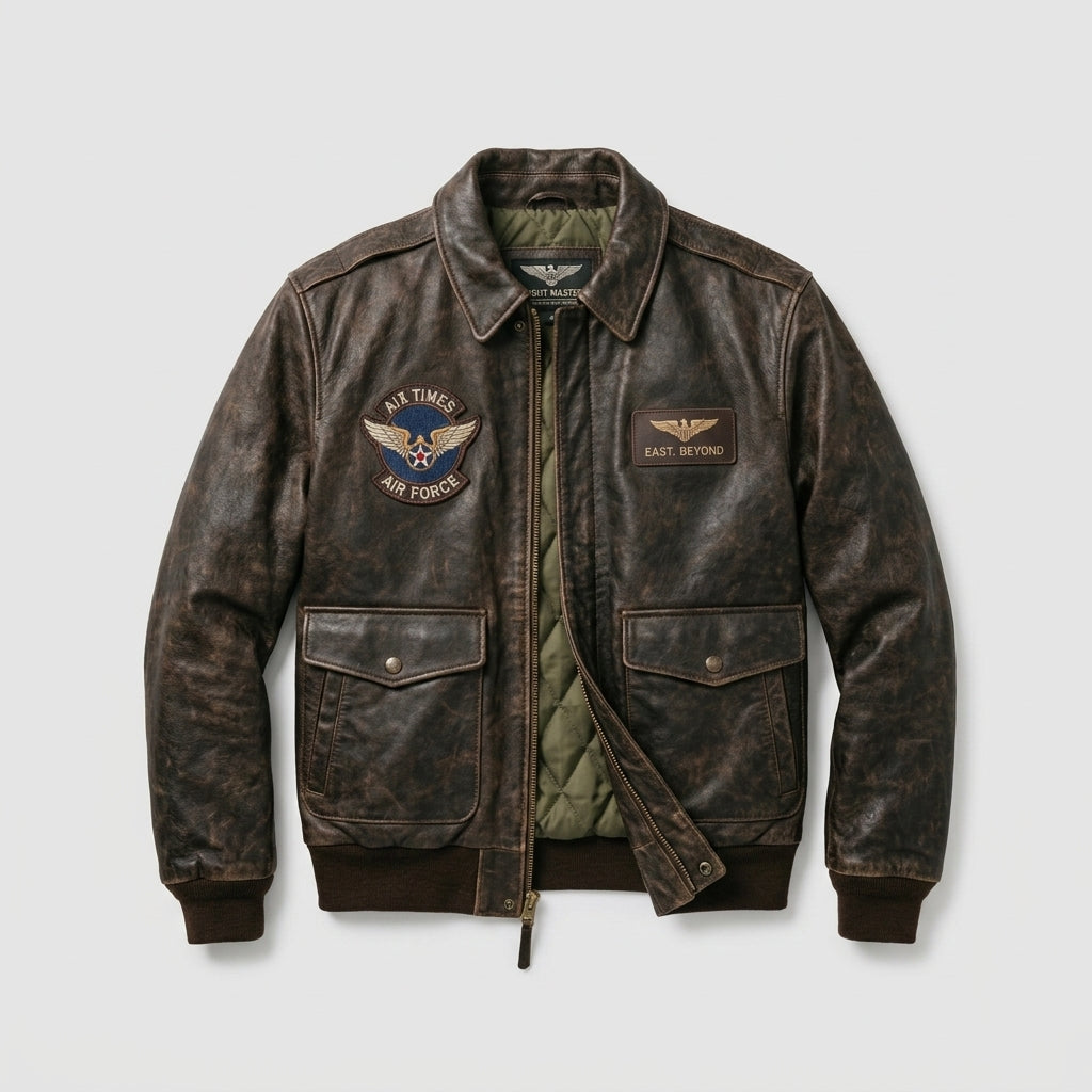 Men's Distressed Brown Leather Bomber Flight Jacket – Vintage Aviator Style