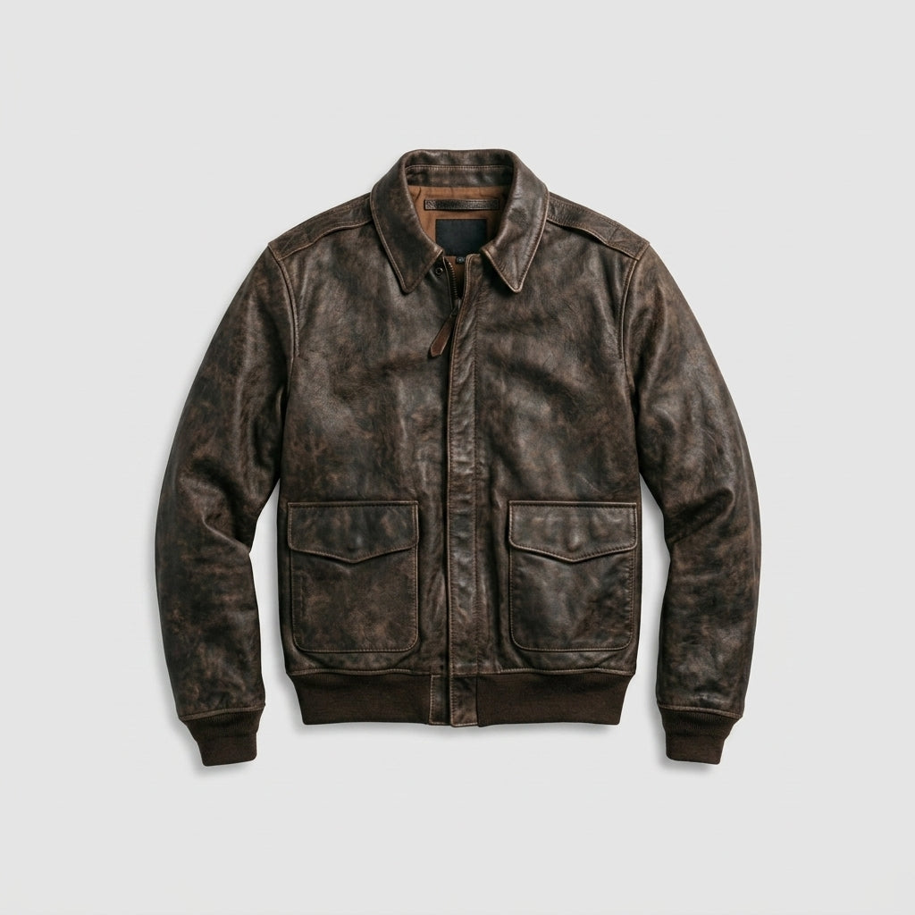 Men's Distressed Brown Leather Bomber Flight Jacket – Vintage Aviator Style