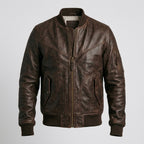 Men's Dark Brown Leather V Bomber Jacket – Classic Ribbed Aviator Style