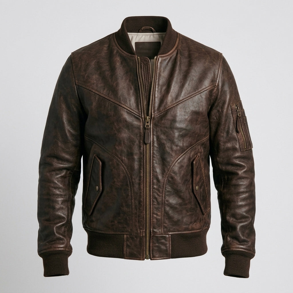 Men's Dark Brown Leather V Bomber Jacket – Classic Ribbed Aviator Style