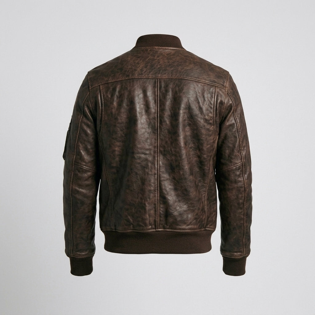 Men's Dark Brown Leather V Bomber Jacket – Classic Ribbed Aviator Style