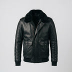 Men's Black Leather V Bomber Jacket – Shearling Collar Aviator Style