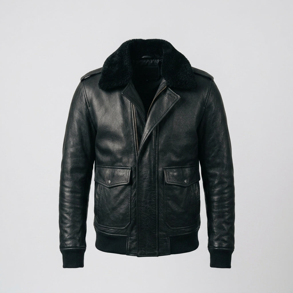 Men's Black Leather V Bomber Jacket – Shearling Collar Aviator Style