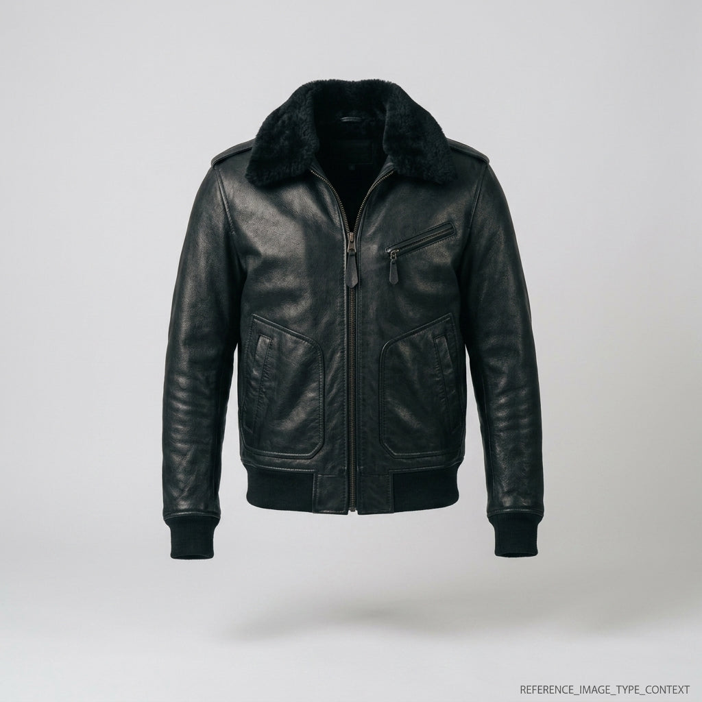 Men's Black Leather V Bomber Jacket – Shearling Collar Aviator Style