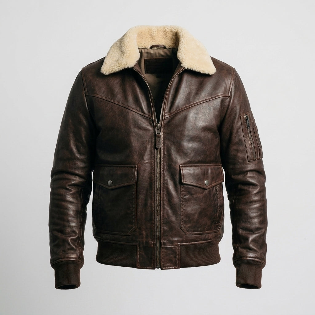 Men's Dark Brown Leather Flight V Bomber Jacket