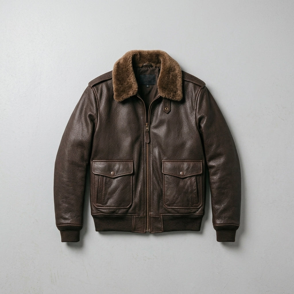 Men's Brown Leather V Bomber Jacket – Shearling Collar Flight Style