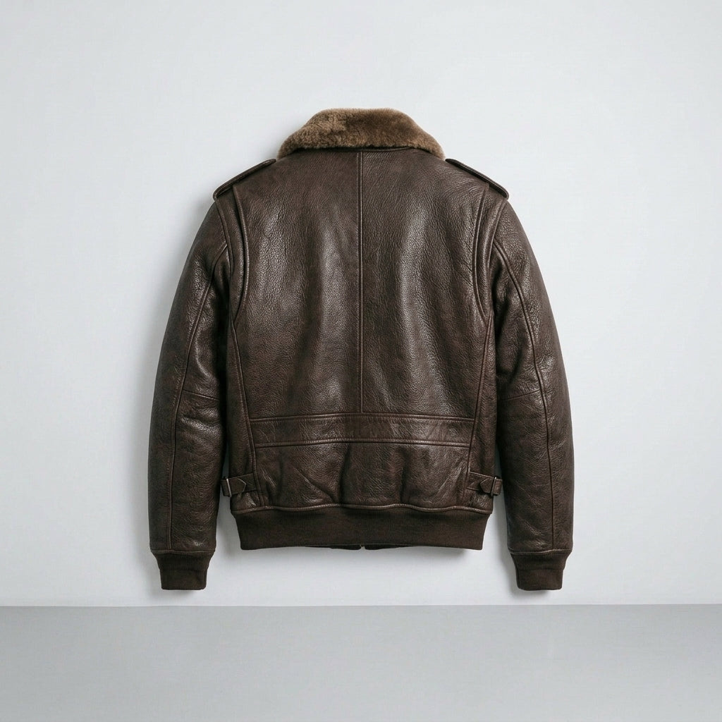 Men's Brown Leather V Bomber Jacket – Shearling Collar Flight Style