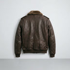 Men's Brown Leather V Bomber Jacket – Shearling Collar Flight Style