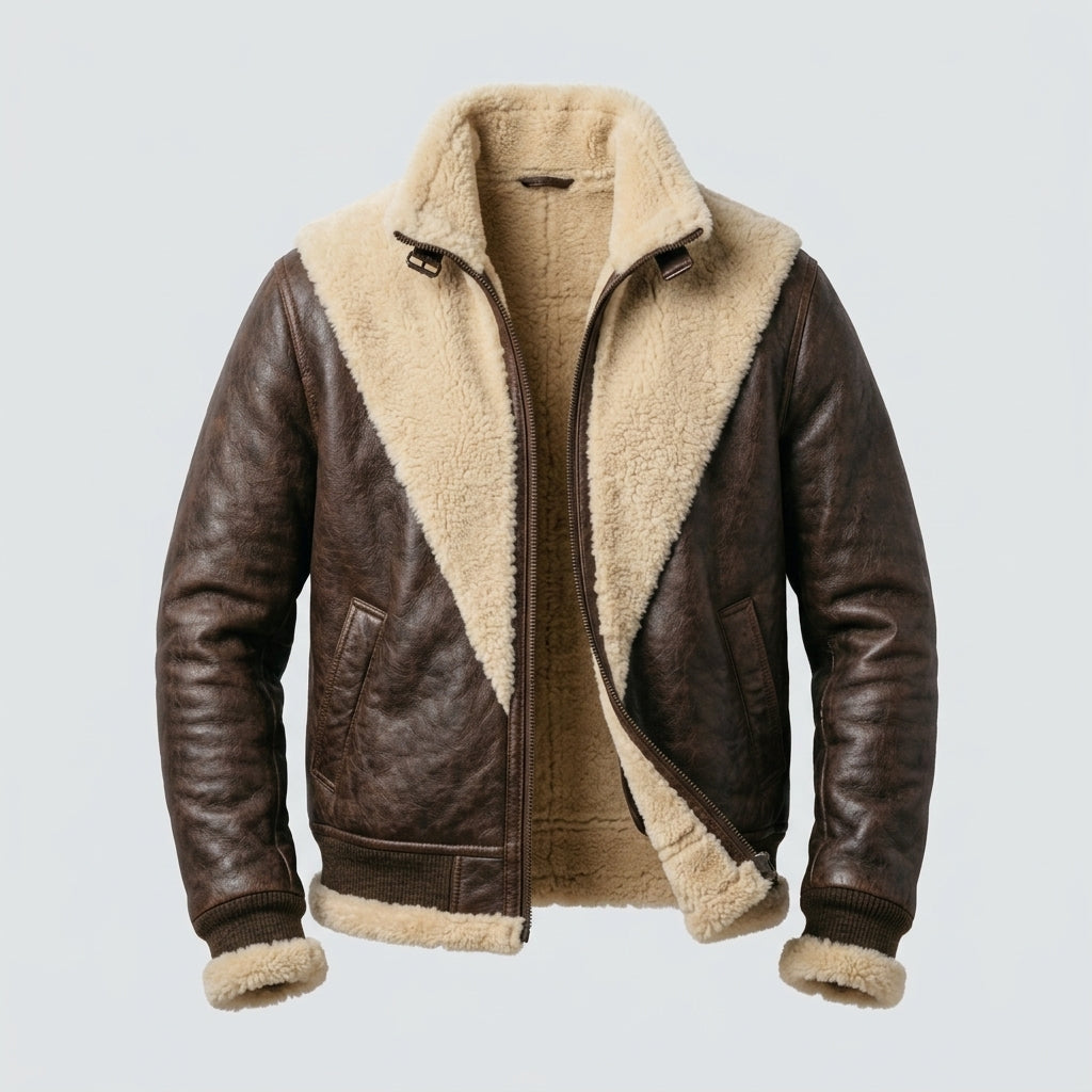 Men's B-V Brown Shearling Leather Bomber Jacket