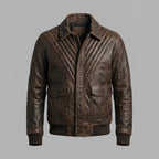 Men's Distressed V Brown Leather Bomber Jacket