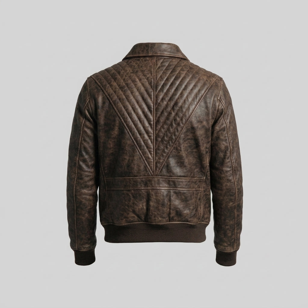 Men's Distressed V Brown Leather Bomber Jacket