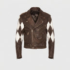 Men's Brown Lambskin Moto Jacket – White Diamond Color Block Leather Biker Jacket