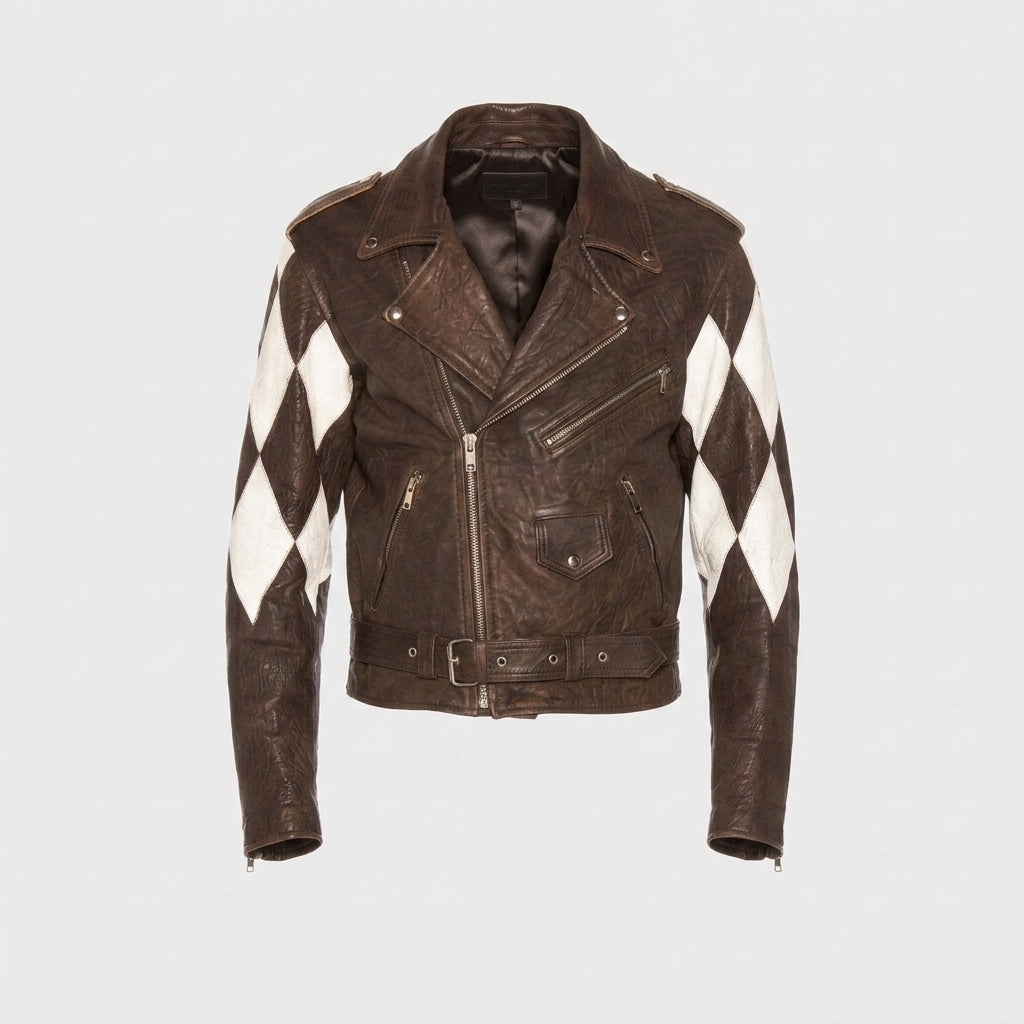 Men's Brown Lambskin Moto Jacket – White Diamond Color Block Leather Biker Jacket