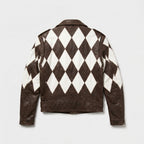 Men's Brown Lambskin Moto Jacket – White Diamond Color Block Leather Biker Jacket