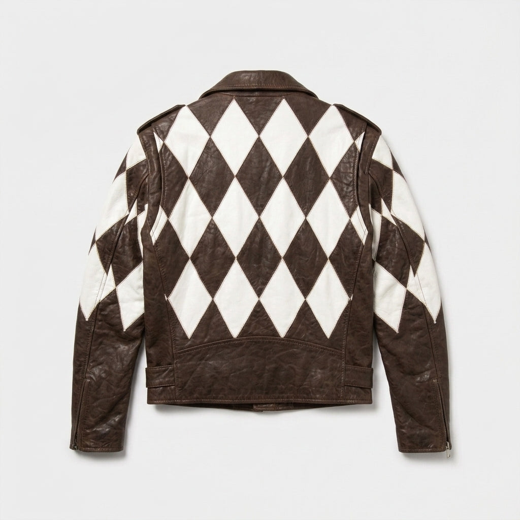 Men's Brown Lambskin Moto Jacket – White Diamond Color Block Leather Biker Jacket
