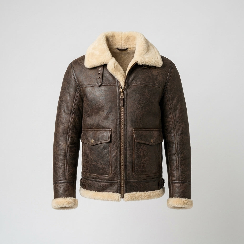 Men's Brown Sheepskin Leather Jacket Classic Shearling Flight Jacket