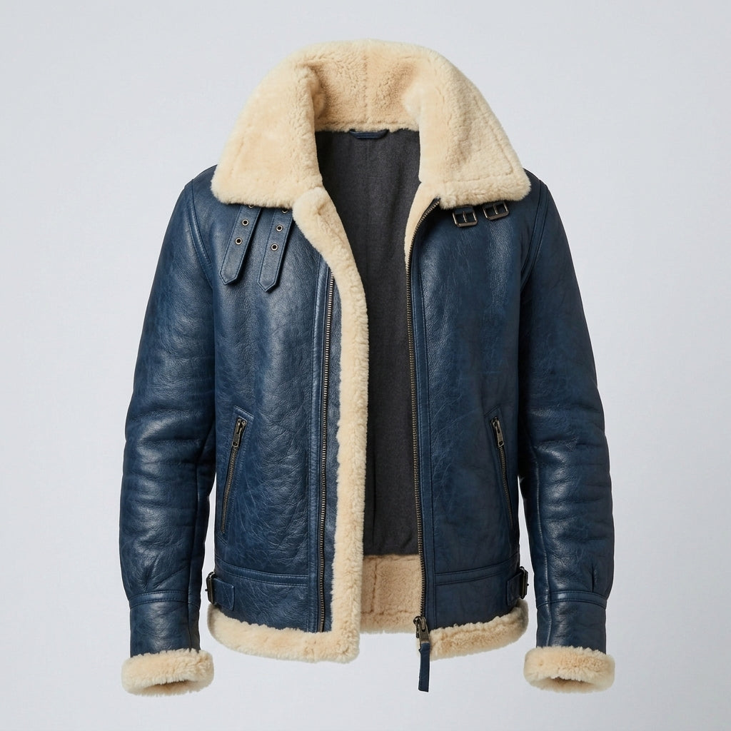 Men's Sheepskin Bomber Jacket Genuine Leather Shearling Pilot Coat