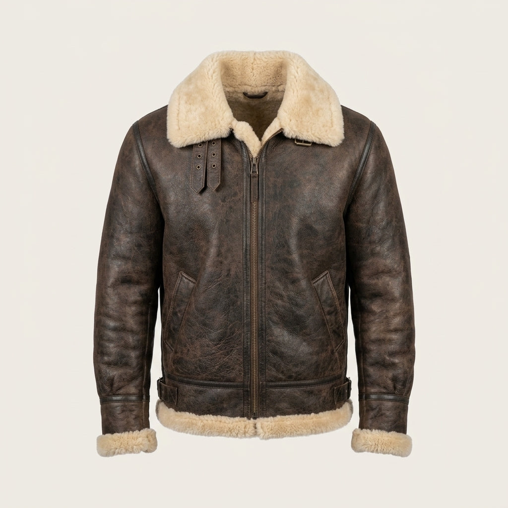 Men's Vintage Sheepskin Leather Jacket Classic Shearling Motorcycle Coat