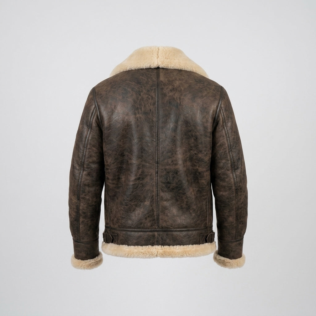 Men's Vintage Sheepskin Leather Jacket Classic Shearling Motorcycle Coat