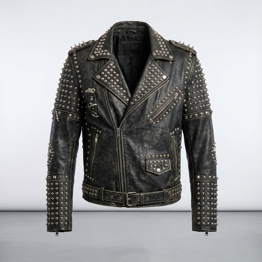 Men's Studded Leather Jacket – Genuine Leather Punk Biker Jacket