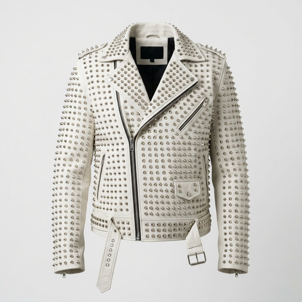 Men's Studded Motorcycle Leather Jacket Classic Punk Rider Coat