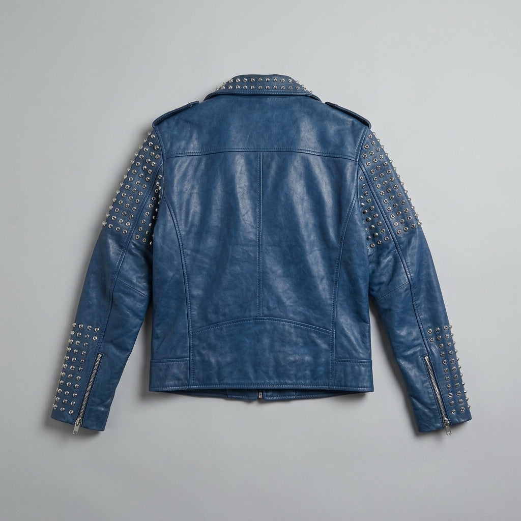 Men's Blue Studded Leather Jacket – Vintage Punk Moto Jacket