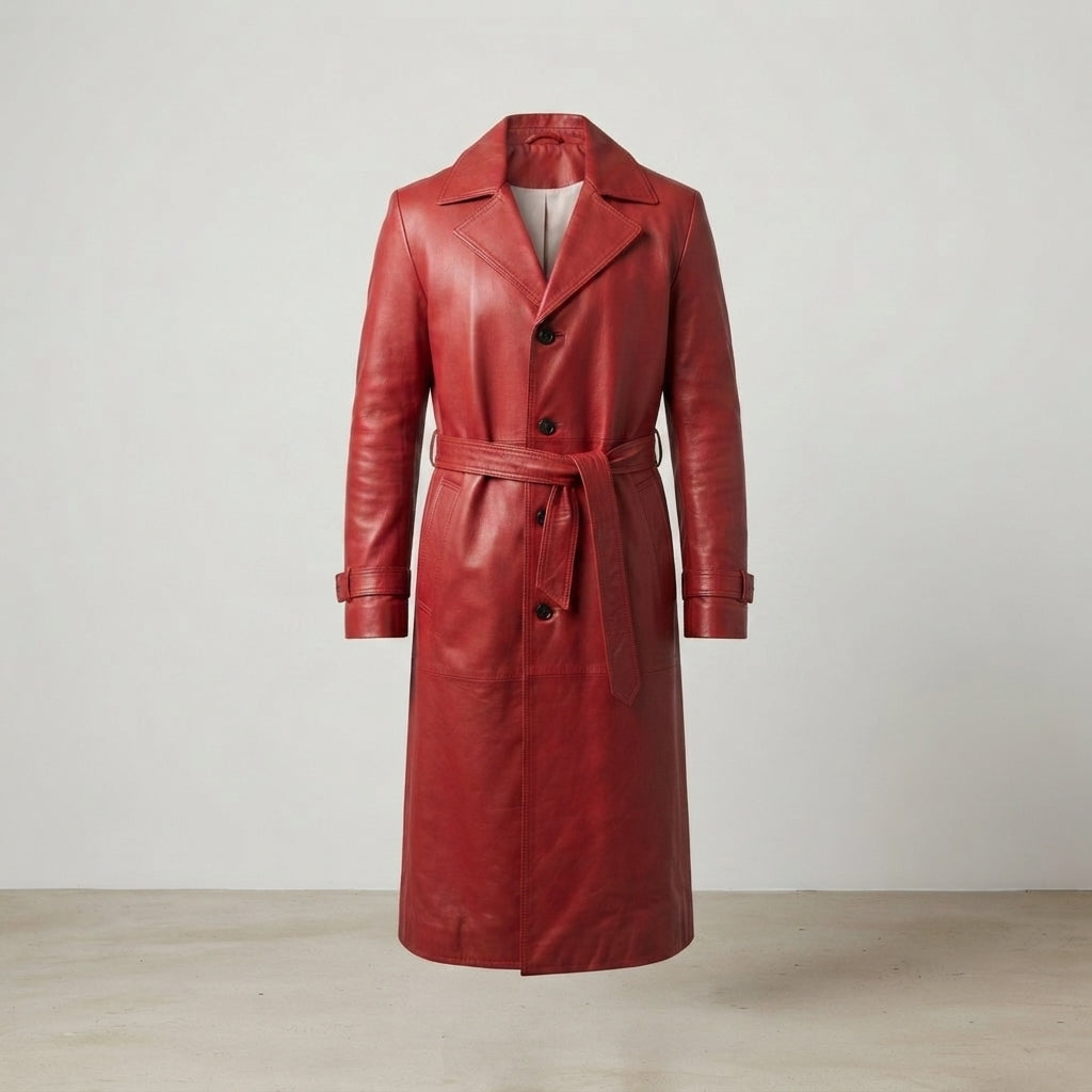 Men's Red Belted Leather Coat