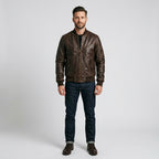 Men's Dark Brown Leather V Bomber Jacket – Classic Ribbed Aviator Style