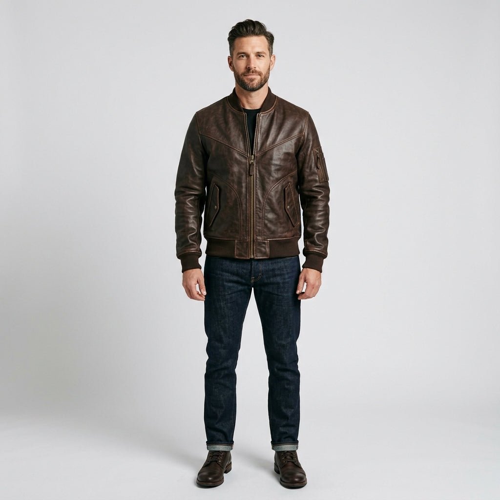 Men's Dark Brown Leather V Bomber Jacket – Classic Ribbed Aviator Style