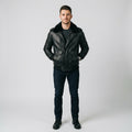 Men's Black Leather V Bomber Jacket – Shearling Collar Aviator Style