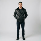 Men's Black Leather V Bomber Jacket – Shearling Collar Aviator Style