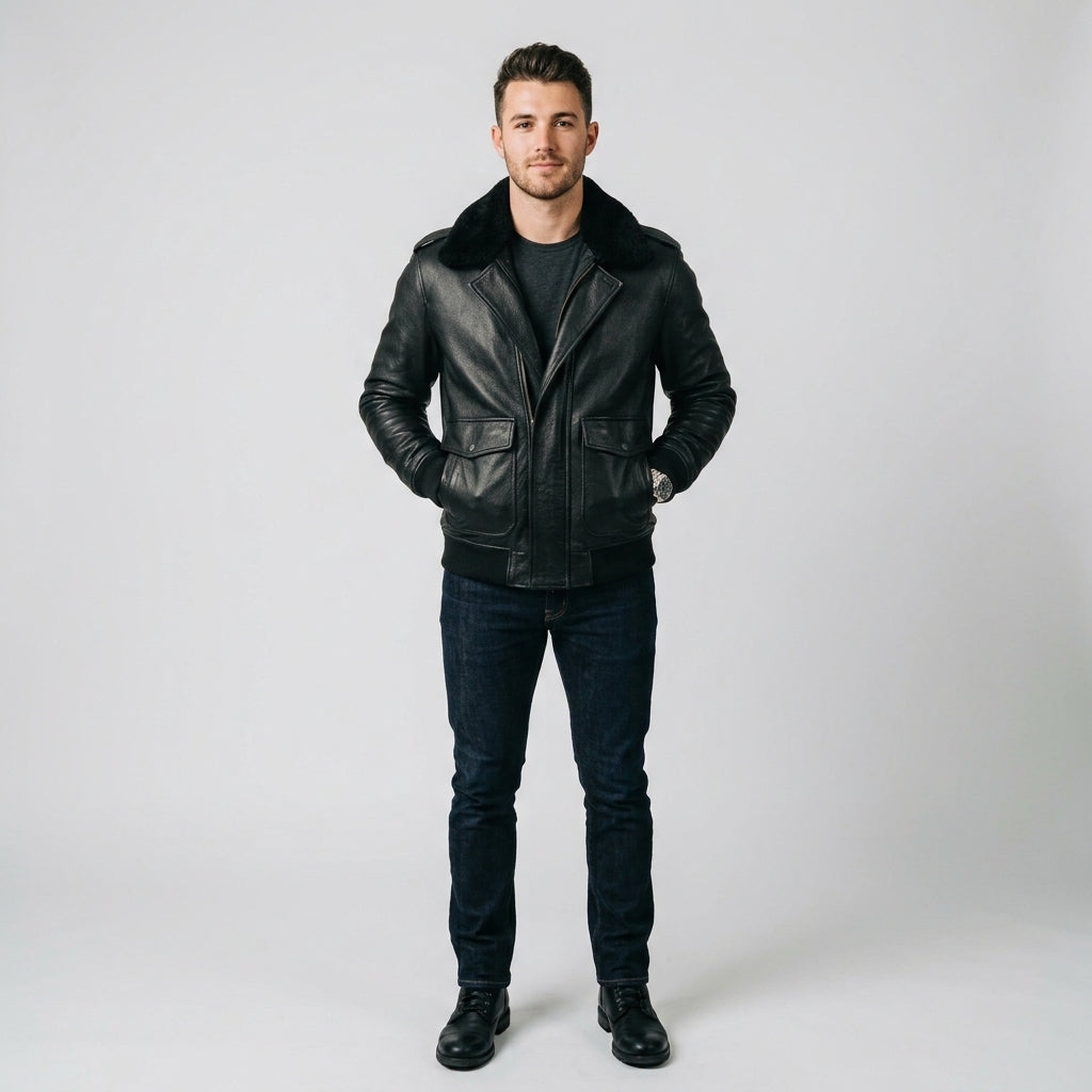 Men's Black Leather V Bomber Jacket – Shearling Collar Aviator Style