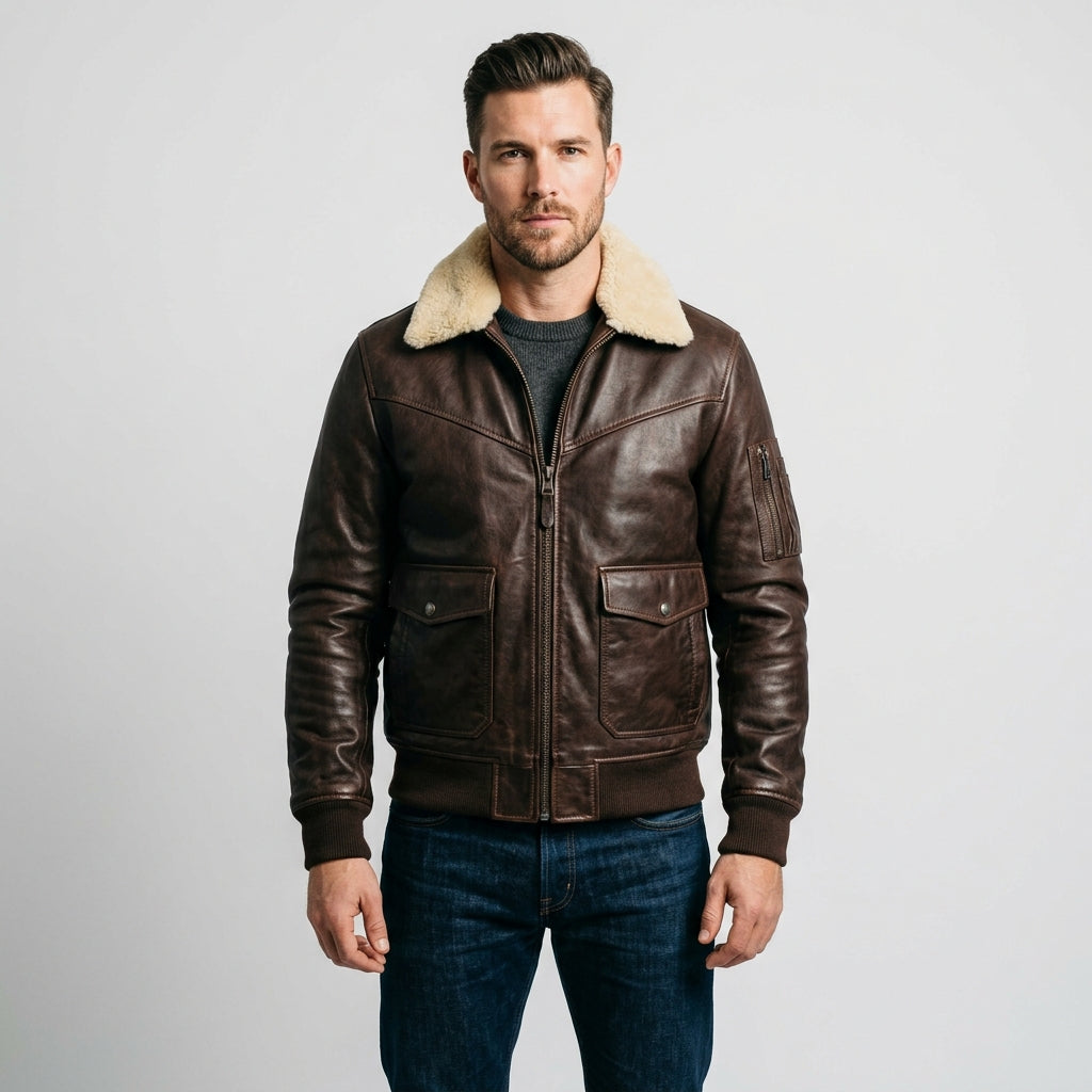 Men's Dark Brown Leather Flight V Bomber Jacket