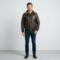Men's Brown Leather V Bomber Jacket – Shearling Collar Flight Style