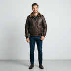 Men's Brown Leather V Bomber Jacket – Shearling Collar Flight Style